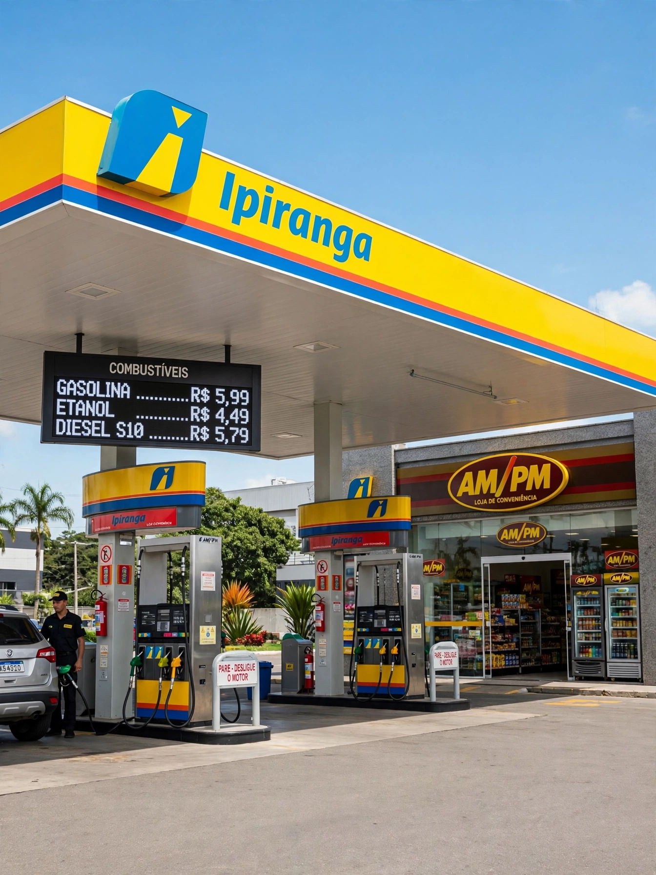 Painel de LED em posto com loja de conveniência