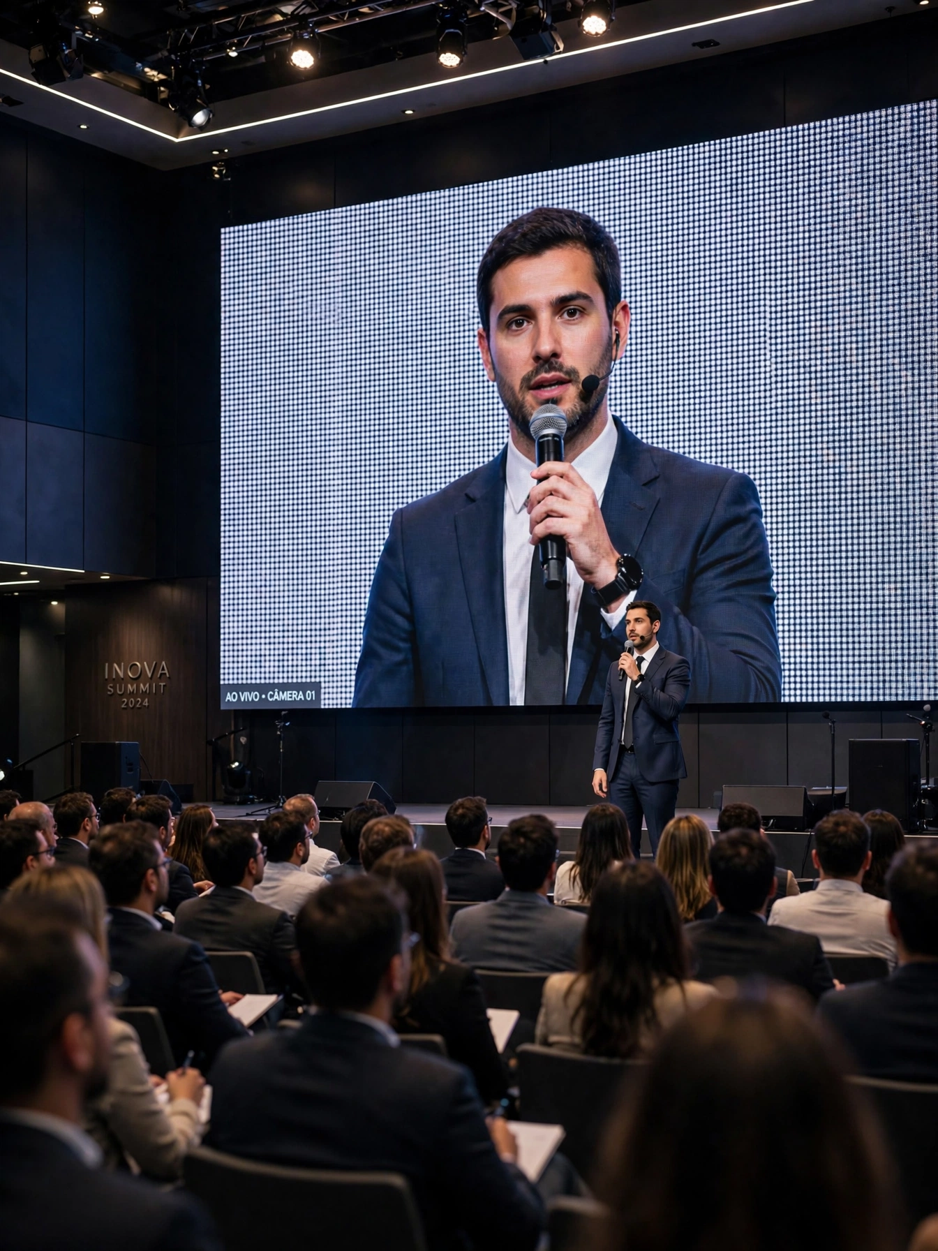 Painel de LED em apresentação corporativa no palco