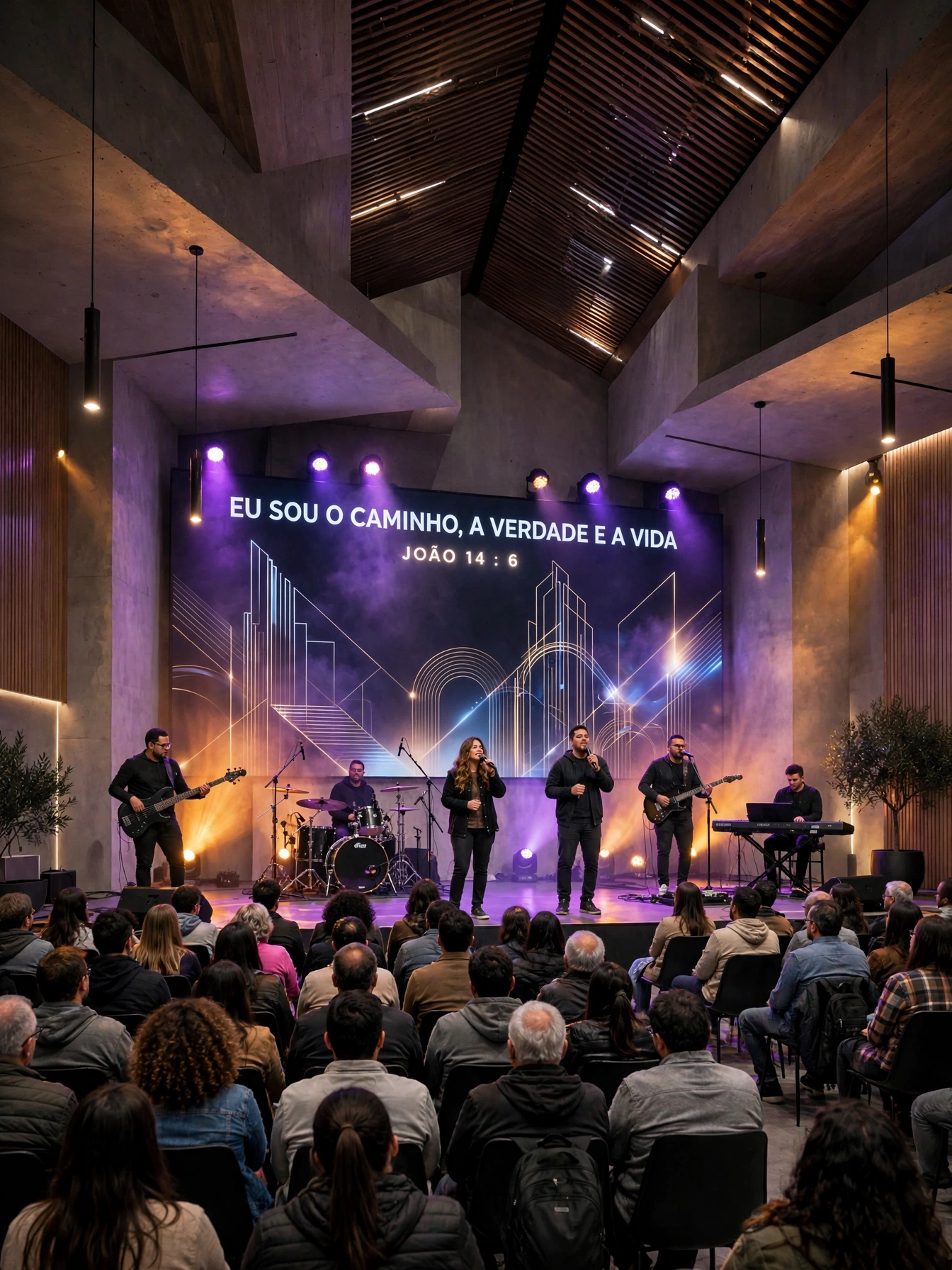 Painel de LED em igreja com banda ao vivo